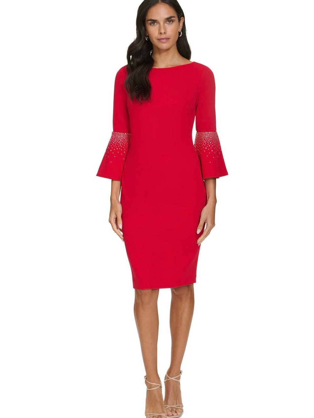 Calvin Klein Red Midi Sheath Dress with Embellished Bell Sleeves
